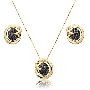 Conjunto de brinco e colar cravejado de zircônia ônix banho em ouro 18k