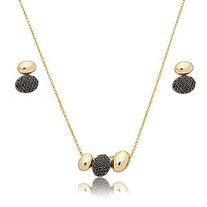 Conjunto de brinco e colar cravejado de zircônia ônix banho em ouro 18k