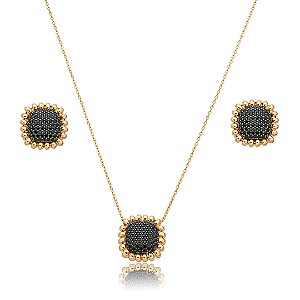 Conjunto de brinco e colar cravejado de zircônia ônix banho em ouro 18k