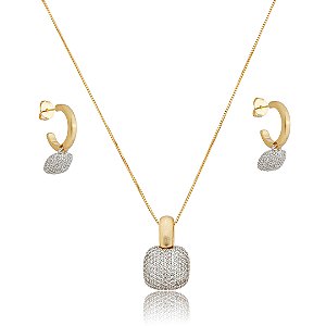 Conjunto de brinco e colar acetinado cravejado de zircônia cristal banho em ouro 18k