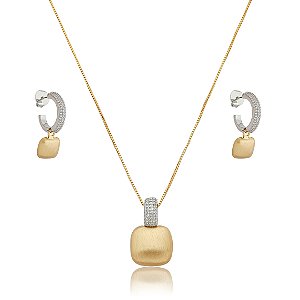 Conjunto de brinco e colar acetinado cravejado de zircônia cristal banho em ouro 18k