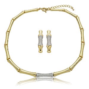 Conjunto de brinco e colar cravejado de zircônia cristal banho em ouro 18k