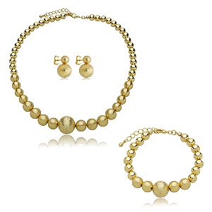 Conjunto de brinco colar e pulseira liso escovado banho em ouro 18k