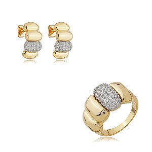Conjunto de brinco e anel cravejado de zircônia cristal banho em ouro 18k