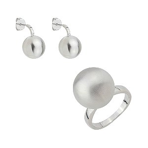 Conjunto de brinco e anel liso acetinado banho em ródio branco