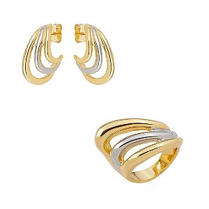 Conjunto de anel e brinco liso banho duplo
