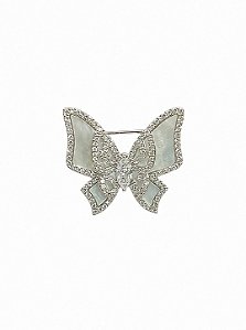 Broche de borboleta cravejado de zircônia cristal e madre pérola banho em ródio branco