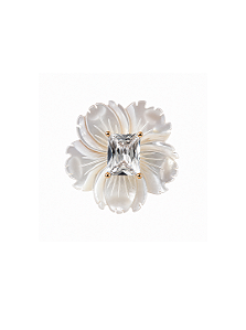 Broche de flor cravejado de zircônia cristal e madre pérola banho em ródio branco