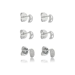Brinco de trio com zircônia cristal banho em ródio branco