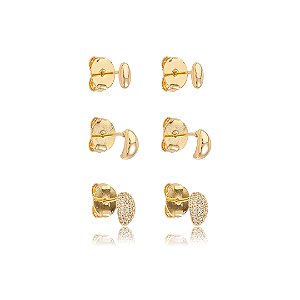 Brinco de trio com zircônia cristal banho em ouro 18k