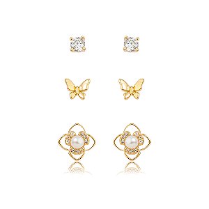 Brinco de trio com zircônia cristal banho em ouro 18k