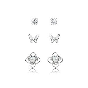 Brinco de trio com zircônia cristal banho em ródio branco