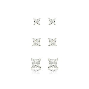 Brinco de trio cravejado de zircônia cristal banho em ródio branco