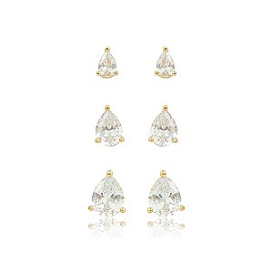 Brinco de trio gota cravejado de zircônia cristal banho em ouro 18k