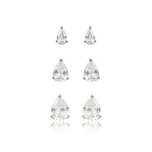 Brinco de trio gota cravejado de zircônia cristal banho em ródio branco
