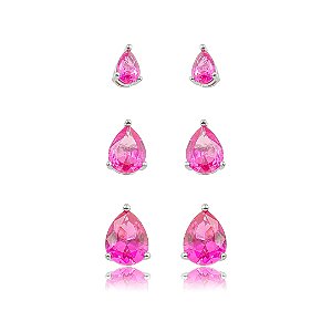 Brinco de trio gota cravejado de zircônia pink banho em ródio branco