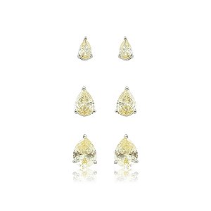 Brinco de trio gota cravejado de zircônia yellow fancy banho em ródio branco