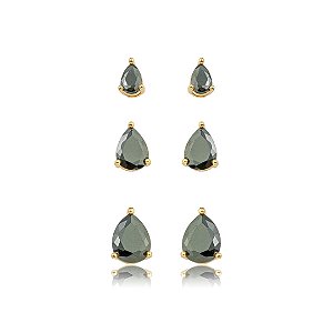 Brinco de trio gota cravejado de zircônia ônix banho em ouro 18k