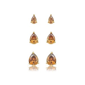 Brinco de trio gota cravejado de zircônia granada banho em ouro 18k