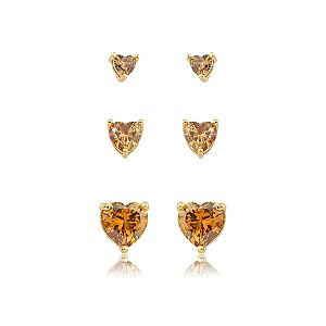 Brinco de trio coração cravejado de zircônia granada banho em ouro 18k