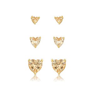 Brinco de trio coração cravejado de zircônia citrino banho em ouro 18k