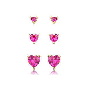 Brinco de trio coração cravejado de zircônia pink banho em ouro 18k