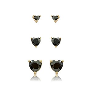 Brinco de trio coração cravejado de zircônia ônix banho em ouro 18k