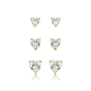 Brinco de trio coração cravejado de zircônia cristal banho em ouro 18k