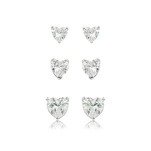 Brinco de trio coração cravejado de zircônia cristal banho em ródio branco