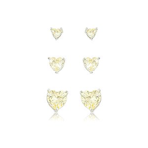 Brinco de trio coração cravejado de zircônia yellow fancy banho em ródio branco