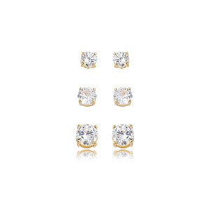 Brinco de trio cravejado de zircônia 5A cristal banho em ouro 18k