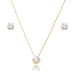 Conjunto de brinco e colar cravejado de zircônia 5A cristal banho em ouro 18k