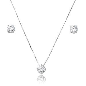 Conjunto de brinco e colar cravejado de zircônia 5A cristal banho em ródio branco
