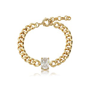 Pulseira de corrente com detalhe cravejado de zircônia cristal banho em ouro 18k