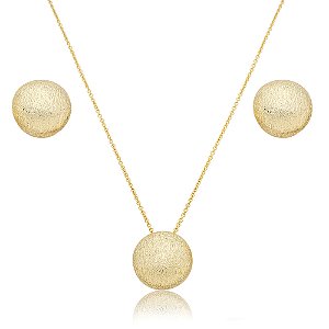 Conjunto de brinco e colar liso escovado banho em Ouro 18k