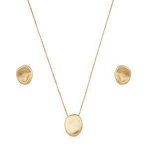 Conjunto de brinco e colar orgânico liso acetinado banho em ouro 18k