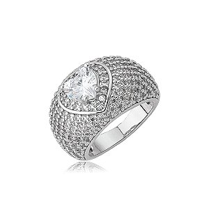 Anel de coração cravejado de zircônia cristal banho em ródio branco