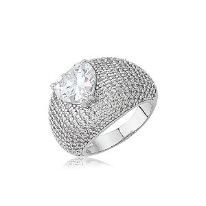 Anel de coração cravejado de zircônia cristal banho em ródio branco