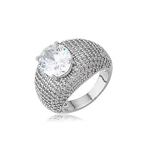 Anel cravejado de zircônia cristal banho em ródio branco