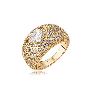 Anel de coração cravejado de zircônia cristal banho em ouro 18k