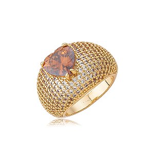 Anel de coração cravejado de zircônia granada banho em ouro 18k