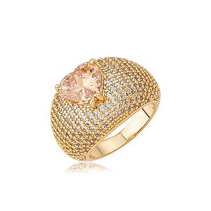 Anel de coração cravejado de zircônia citrino banho em ouro 18k