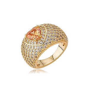 Anel de coração cravejado de zircônia citrino banho em ouro 18k