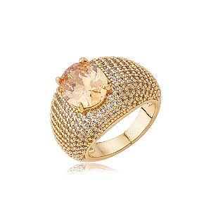 Anel cravejado de zircônia citrino banho em ouro 18k