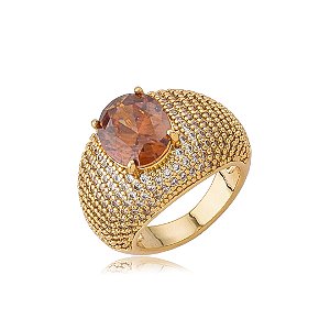 Anel cravejado de zircônia granada banho em ouro 18k