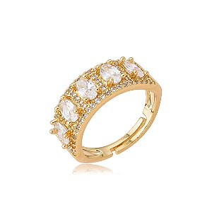 Anel cravejado de zircônia cristal banho em ouro 18k