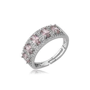 Anel cravejado de zircônia rosa banho em ródio branco
