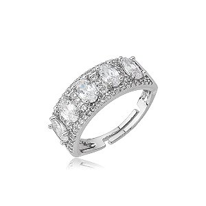 Anel cravejado de zircônia cristal banho em ródio branco