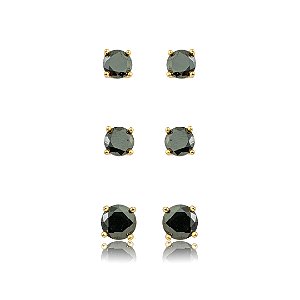 Brinco de trio cravejado de zircônia ônix banho em Ouro 18k