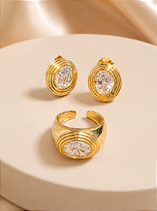 Conjunto Brinco e Anel De Dedinho com Zircônia Cristal – Banho em Ouro 18K
